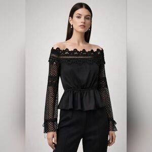 Self-Portrait Black Lace Long Sleeve Peplum Blouse Top US 2